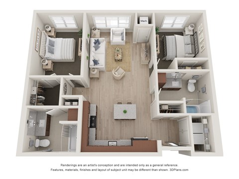 Floor plan for 2 beds, 2 baths, 1028 sqft